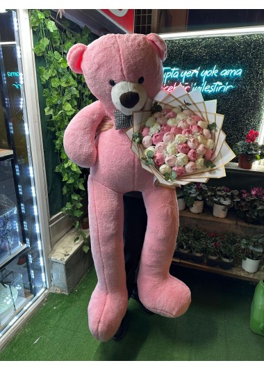 190cm  pembe ayılı 41 yapay şakayık buket
